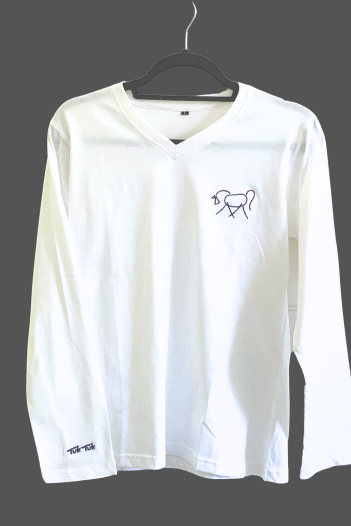 Long Sleeve Cotton T-Shirt | V-Neck | Horse Embroidered