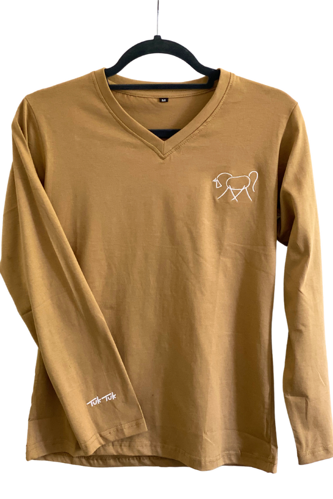 Long Sleeve Cotton T-Shirt | V-Neck | Horse Embroidered