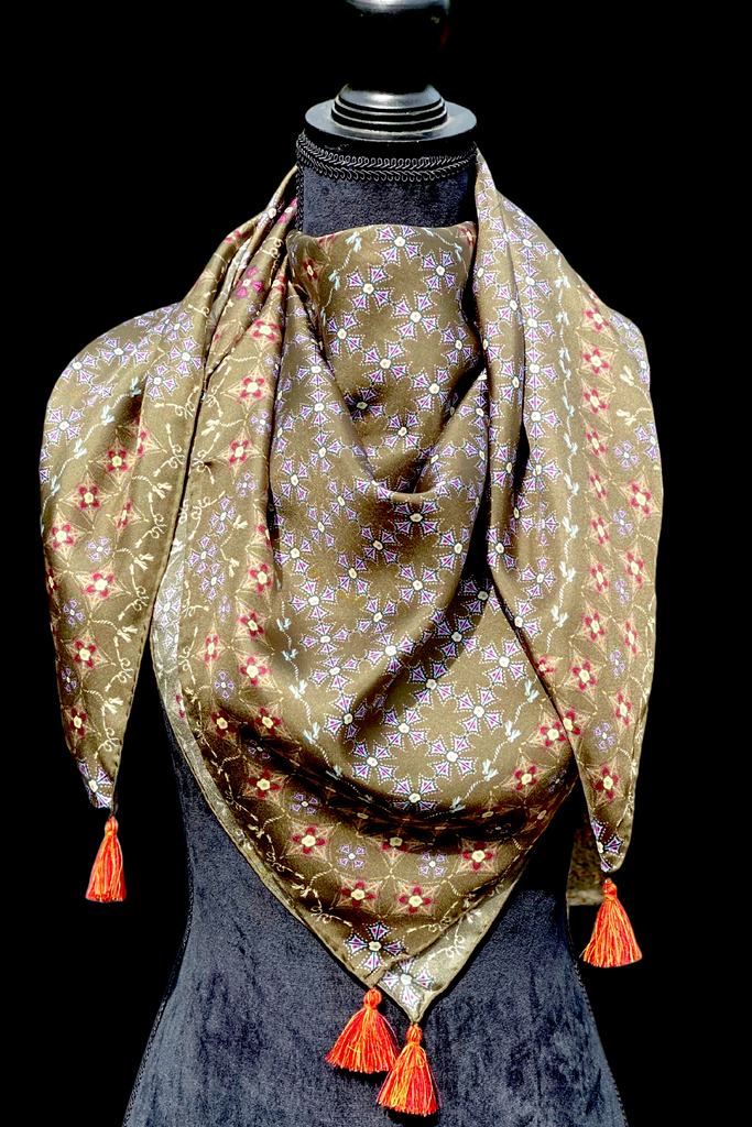 Silk Scarf |Ropes and Crosses| Dark Olive | Maxi - TukTuk Clothing